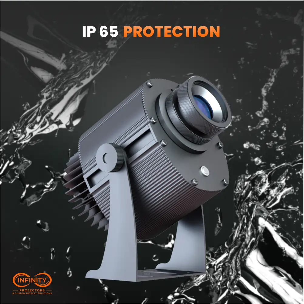 IP65 waterproof outdoor logo projector shown against a splashing water background