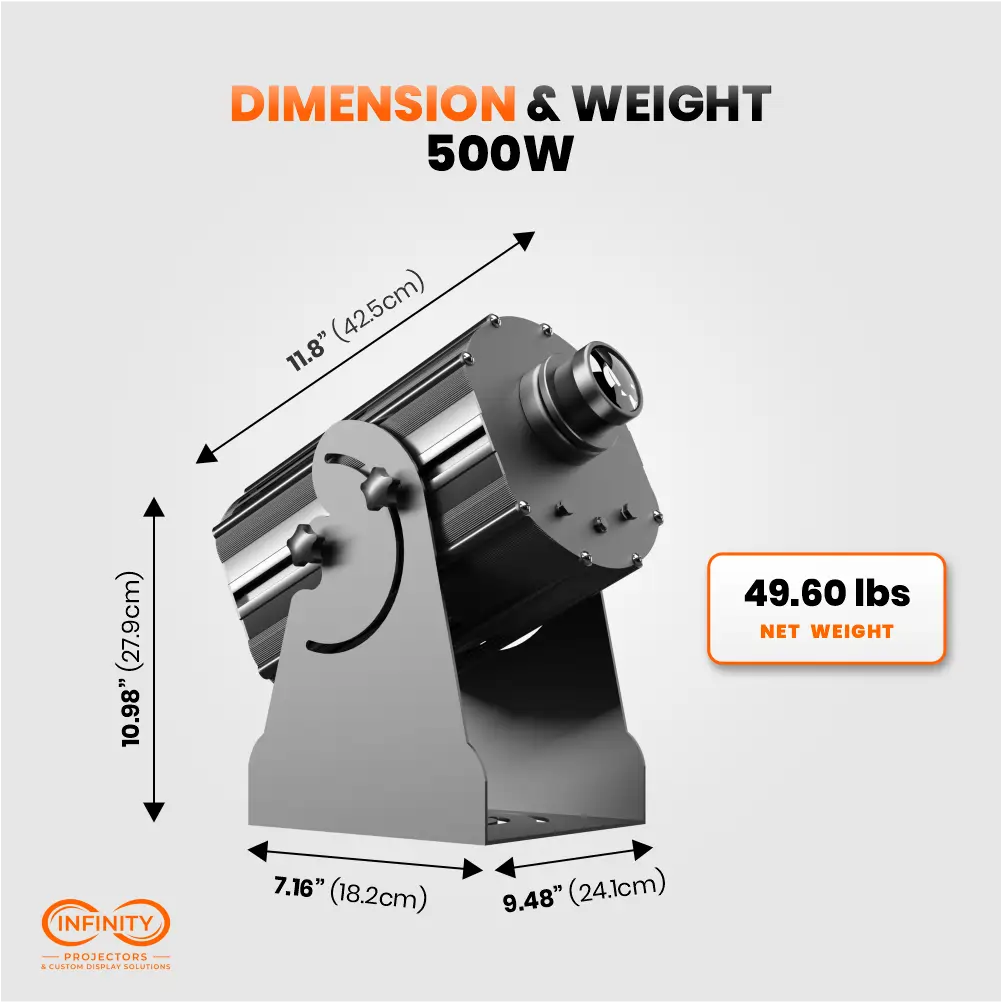 Dimension and weight diagram for the 500W six-gobo projector: 11.8 in long, 49.60 lbs