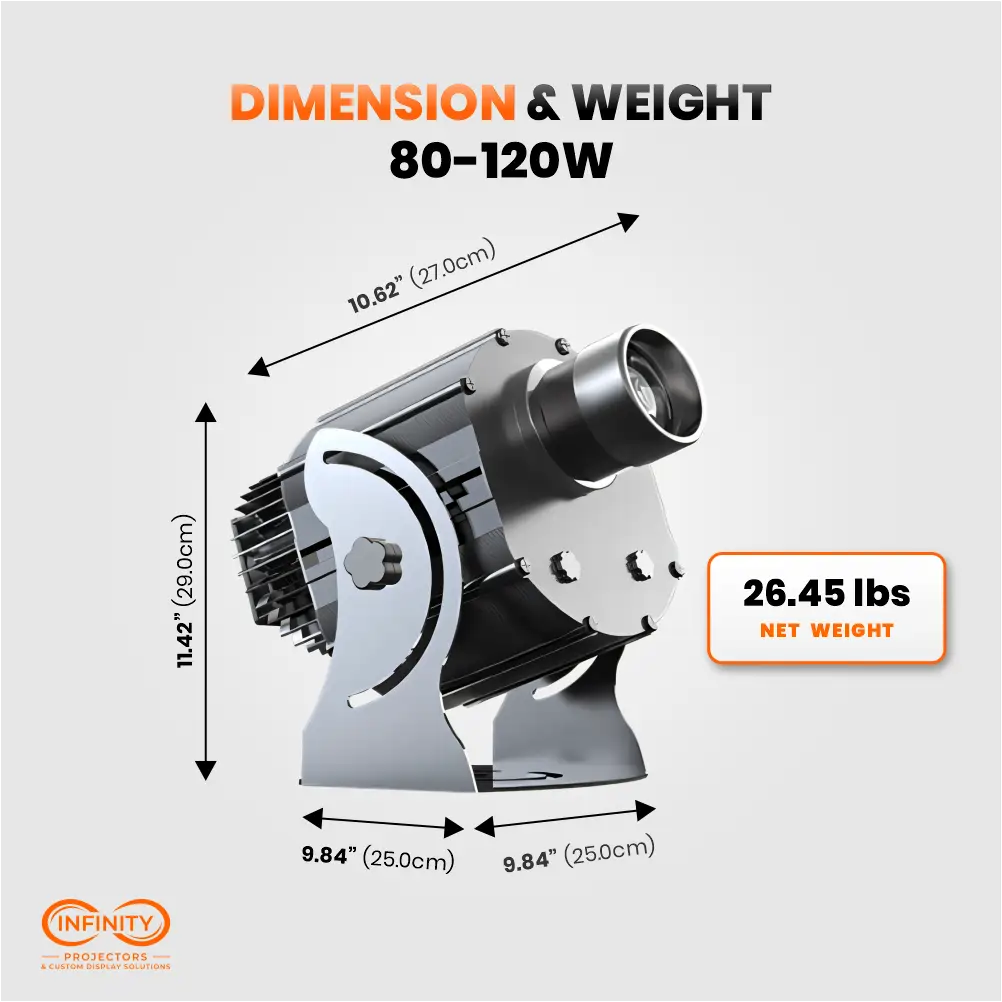 Dimension and weight diagram for the 80-120W gobo projector: 10.62 x 11.42 in, 26.45 lbs