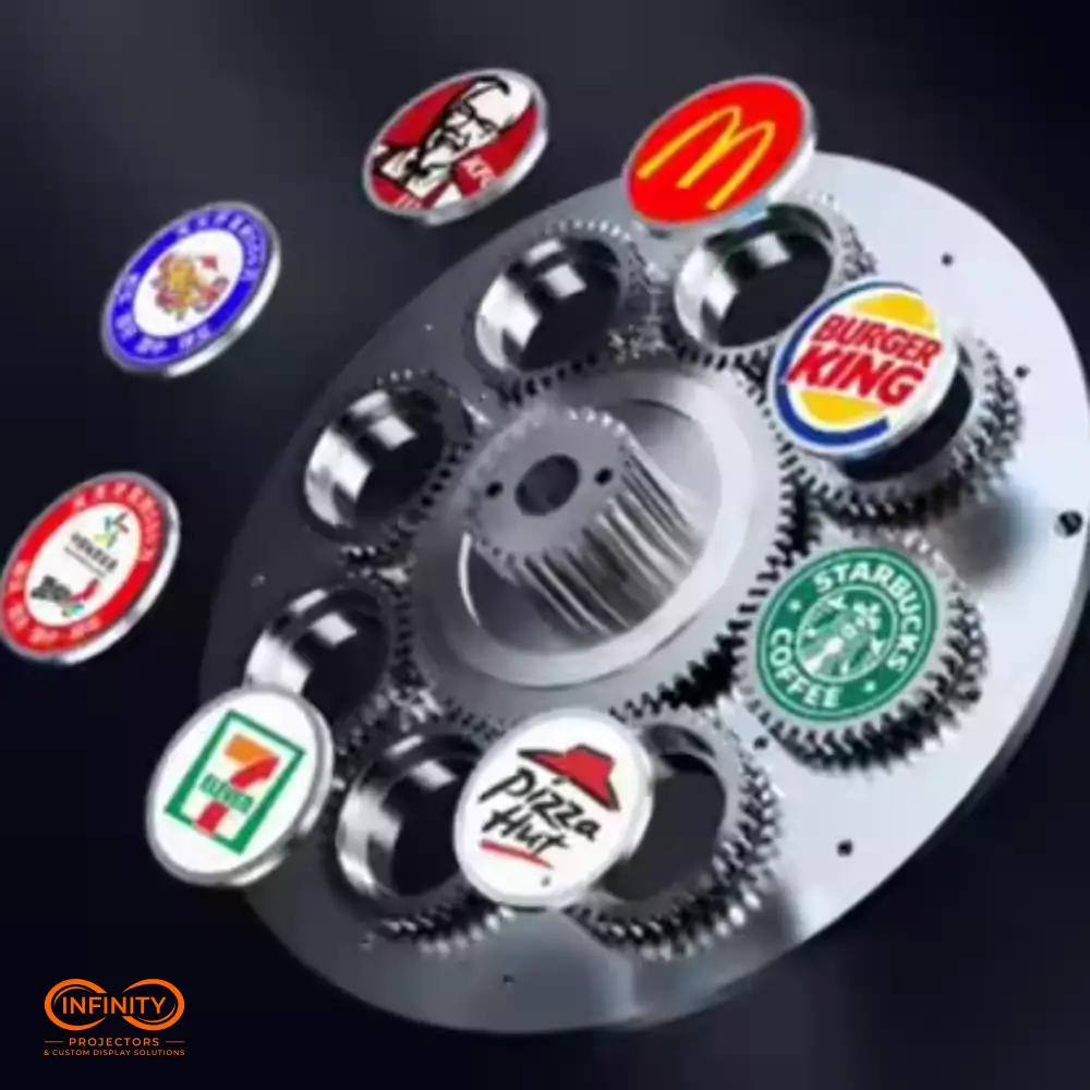 Blurry vendor close-up of a metal 8-slot gobo wheel loaded with restaurant chain logo gobos
