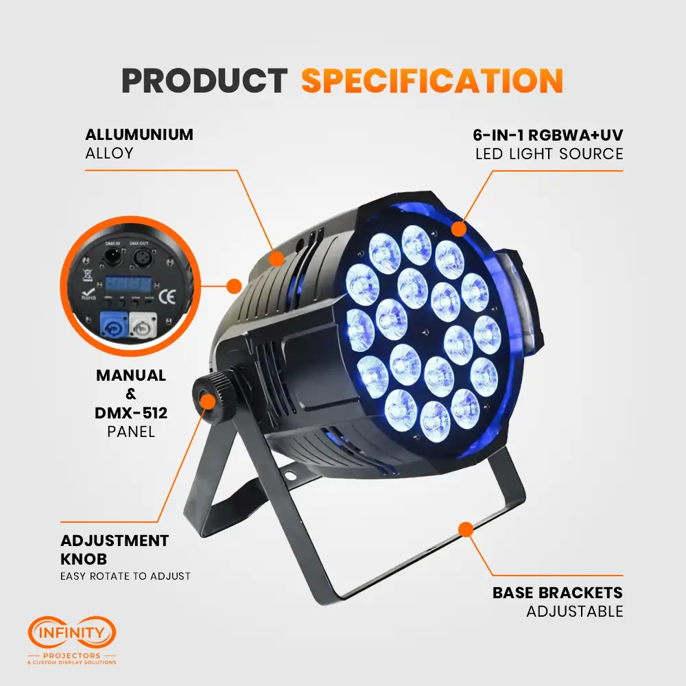 Spec callout diagram of blue-lit 6-in-1 par can uplight noting aluminum alloy body and manual DMX-512 panel