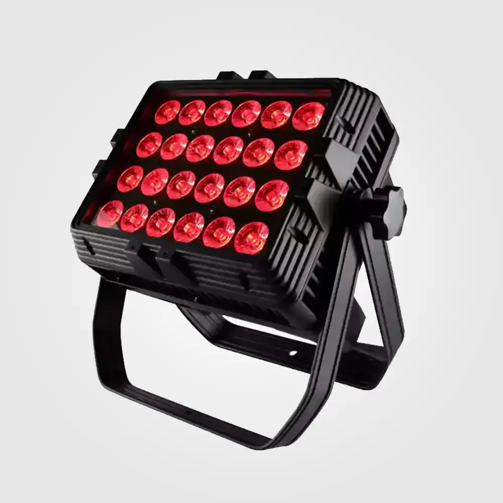 FX24 outdoor LED panel light angled left, four rows of red RGBW lenses in black housing