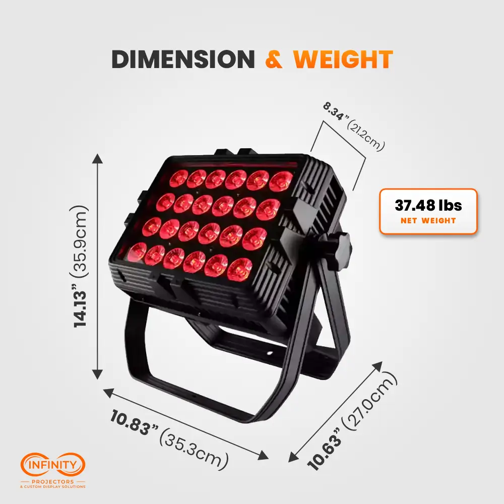 Dimension diagram of FX24 LED wash panel: 10.83 x 14.13 x 8.34 inches, 37.48 lb net weight