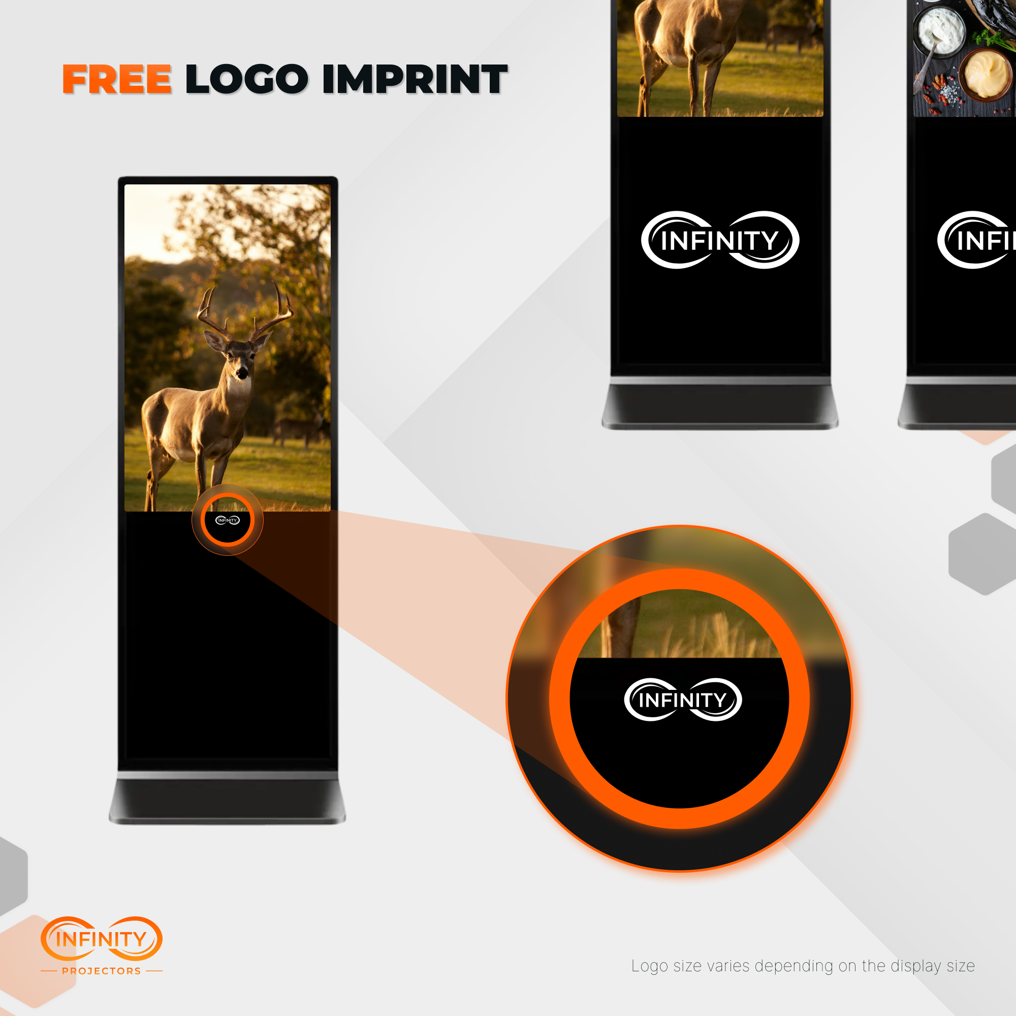 Free logo imprint graphic showing a custom logo printed on the floorstanding kiosk's bottom bezel