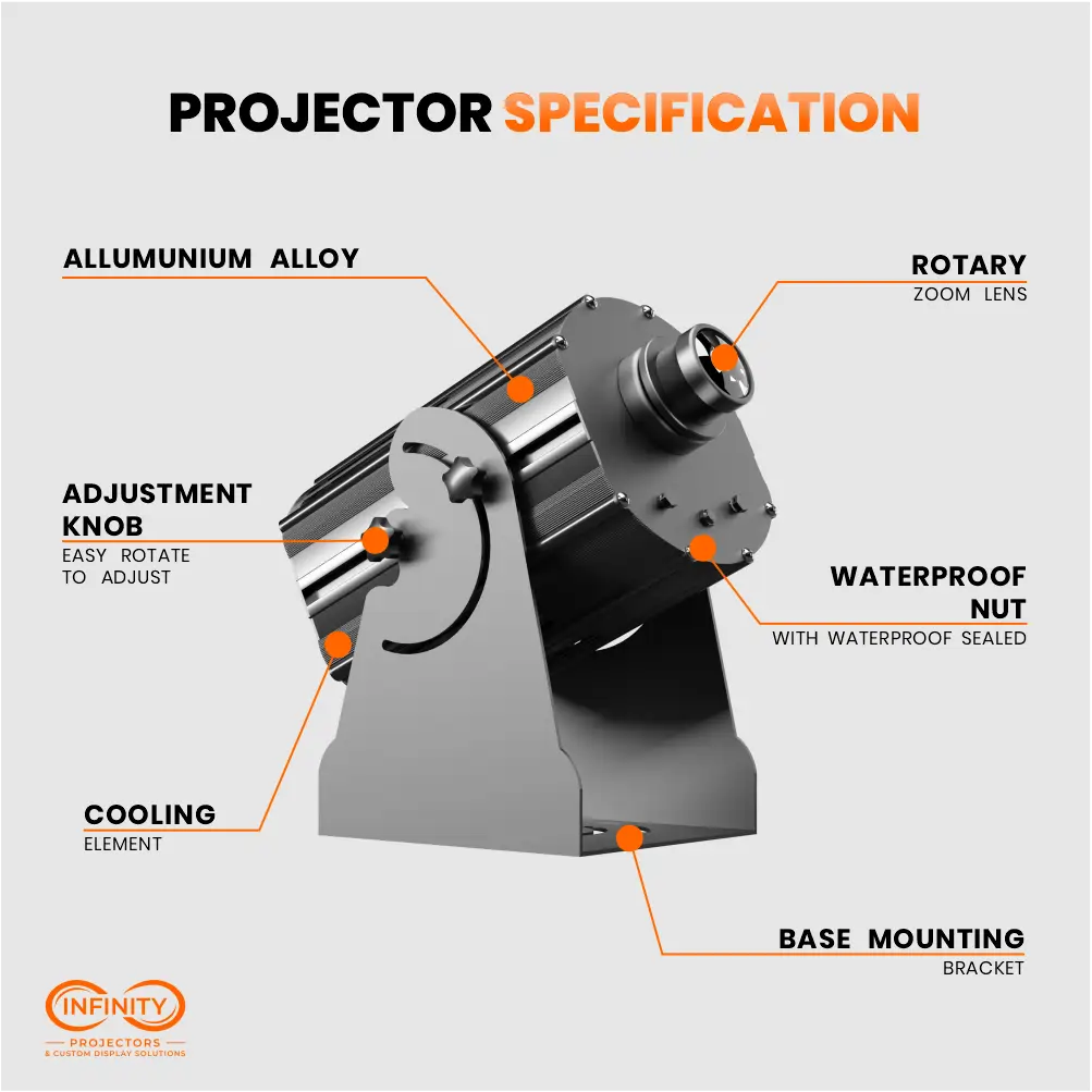 Specification callouts on the outdoor logo projector: aluminum housing, adjustment knob, base mounting bracket
