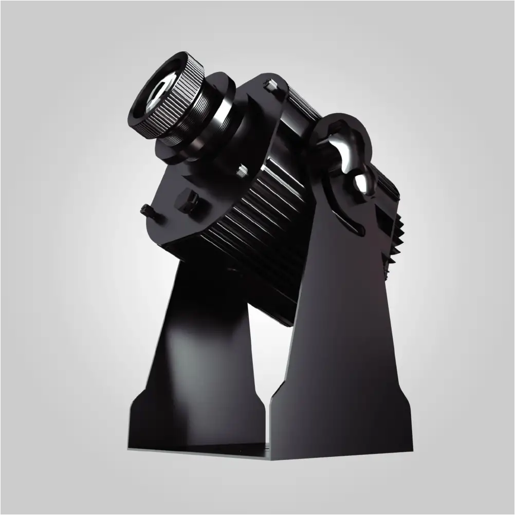Low-angle view of the black Walking Light gobo projector highlighting its rotary zoom lens and bracket