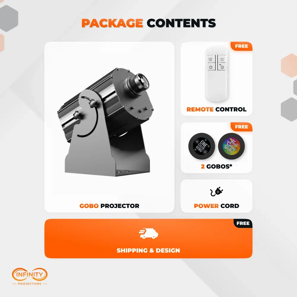 Package contents infographic: outdoor logo projector, remote control, 2 gobos, power cord and free shipping