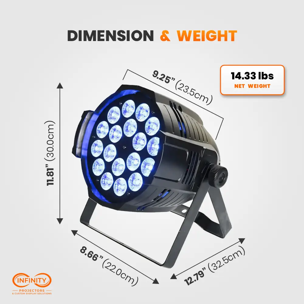 Dimension and weight diagram of blue-lit LED par can uplight, 11.81 in tall and 14.33 lb