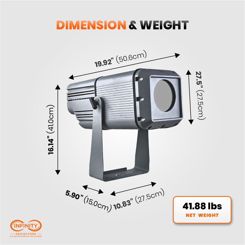 Dimension and weight diagram of the high-wattage gobo projector: 19.92 in long, 16.14 in tall, 41.88 lbs