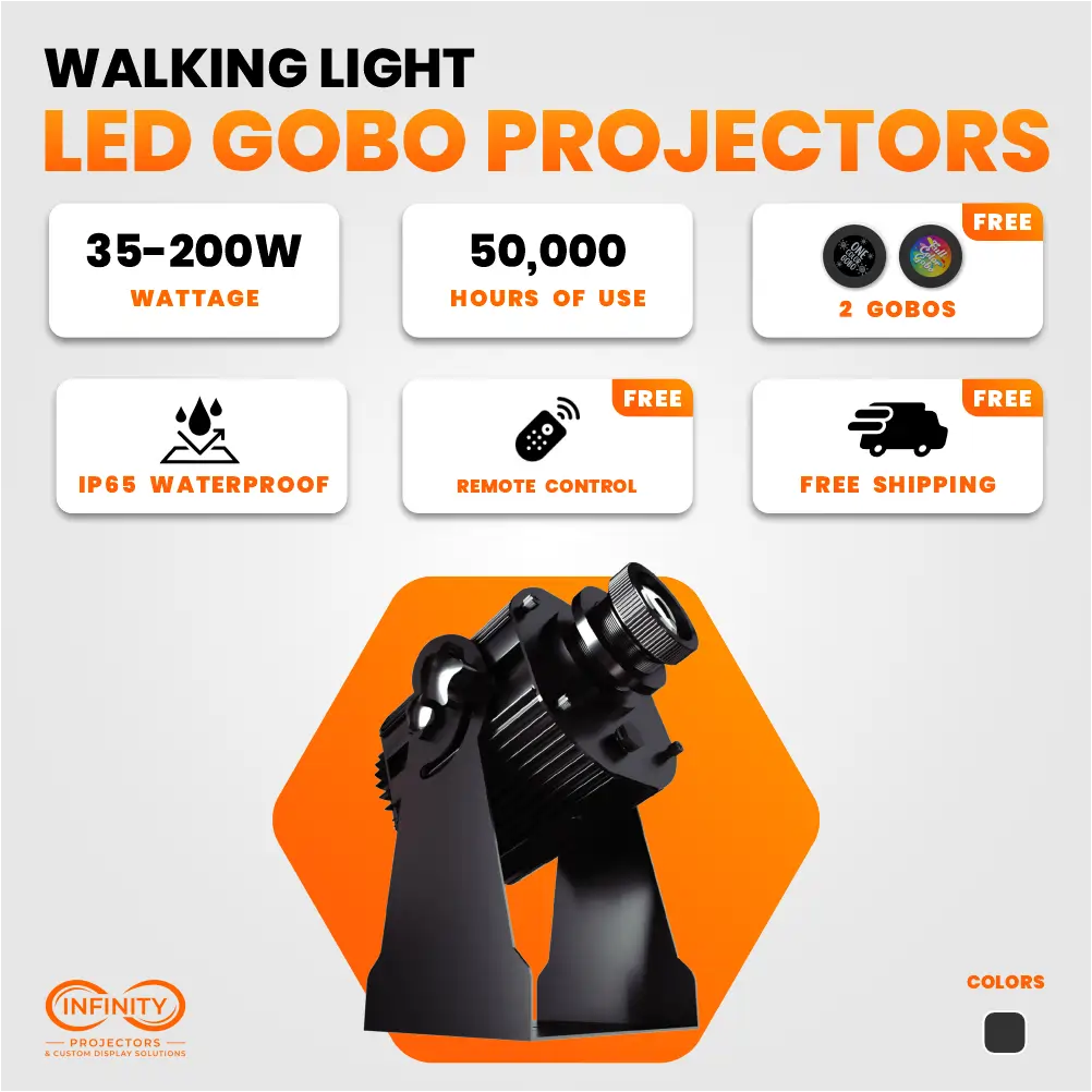 Walking Light LED gobo projector feature card: 35-200W, IP65 waterproof, free remote and two gobos