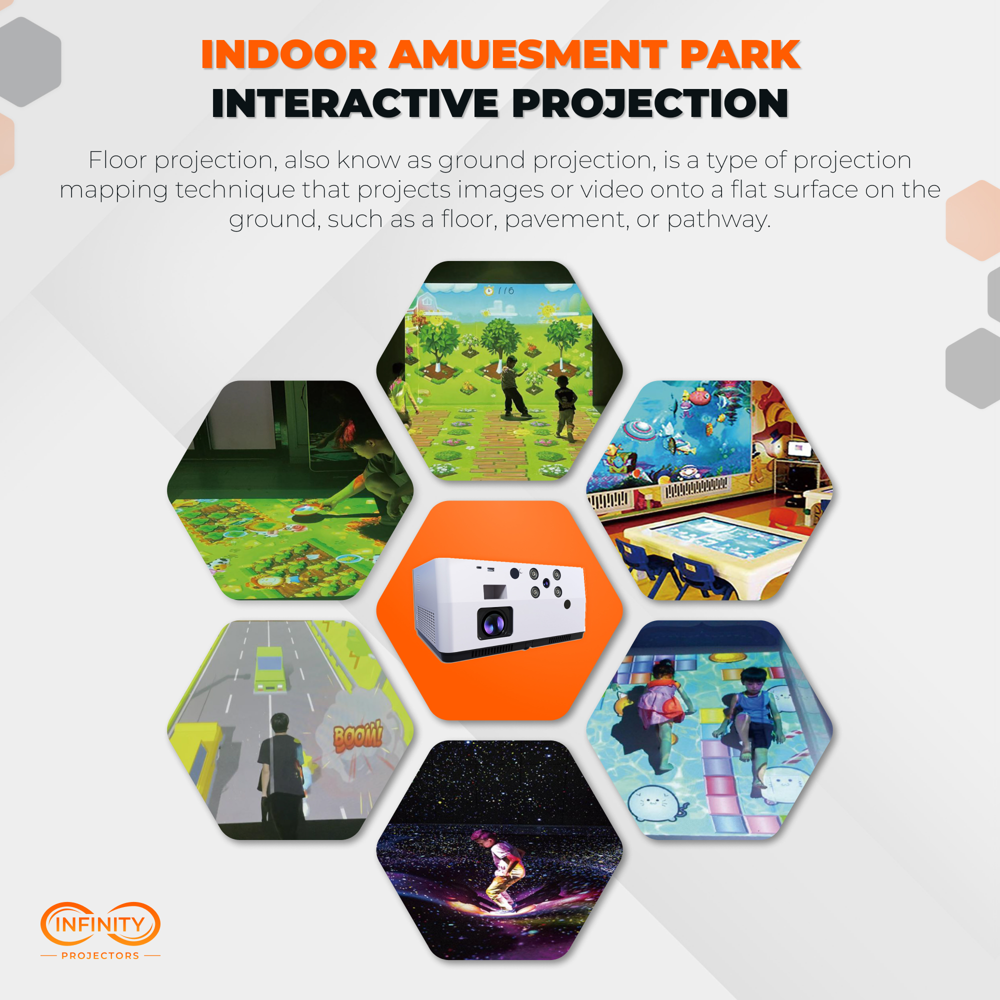 Kids playing on interactive floor and wall projections in indoor amusement park install photos