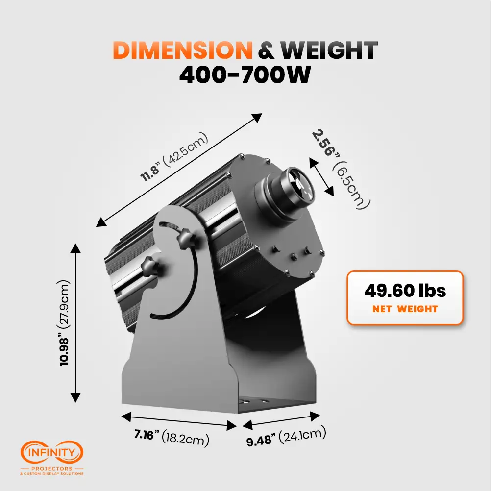 Dimension and weight diagram for the 400-700W gobo projector: 11.8 x 10.98 in, 49.60 lbs