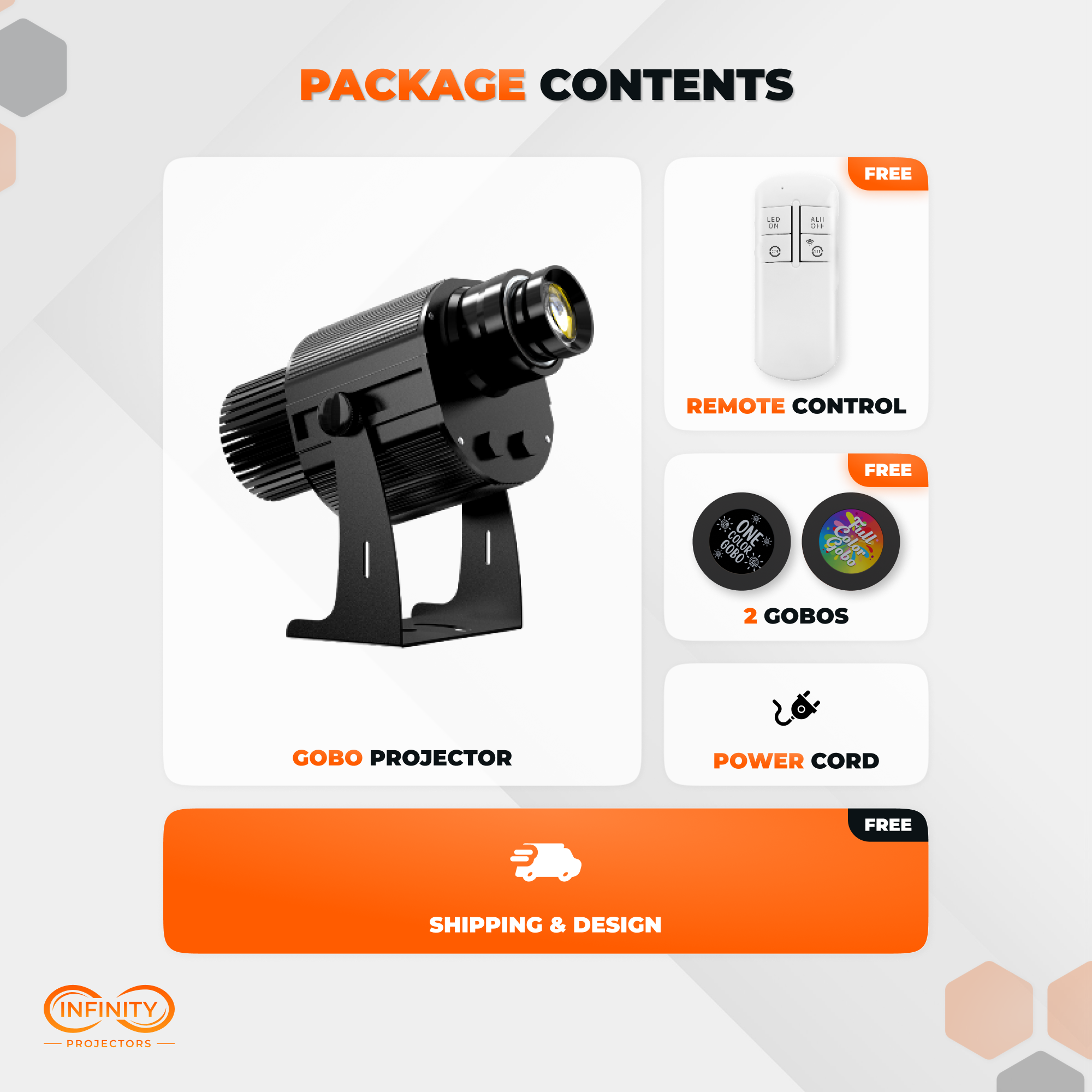 Package contents for dynamic 3D gobo projector: unit, remote control, 2 gobos and power cord