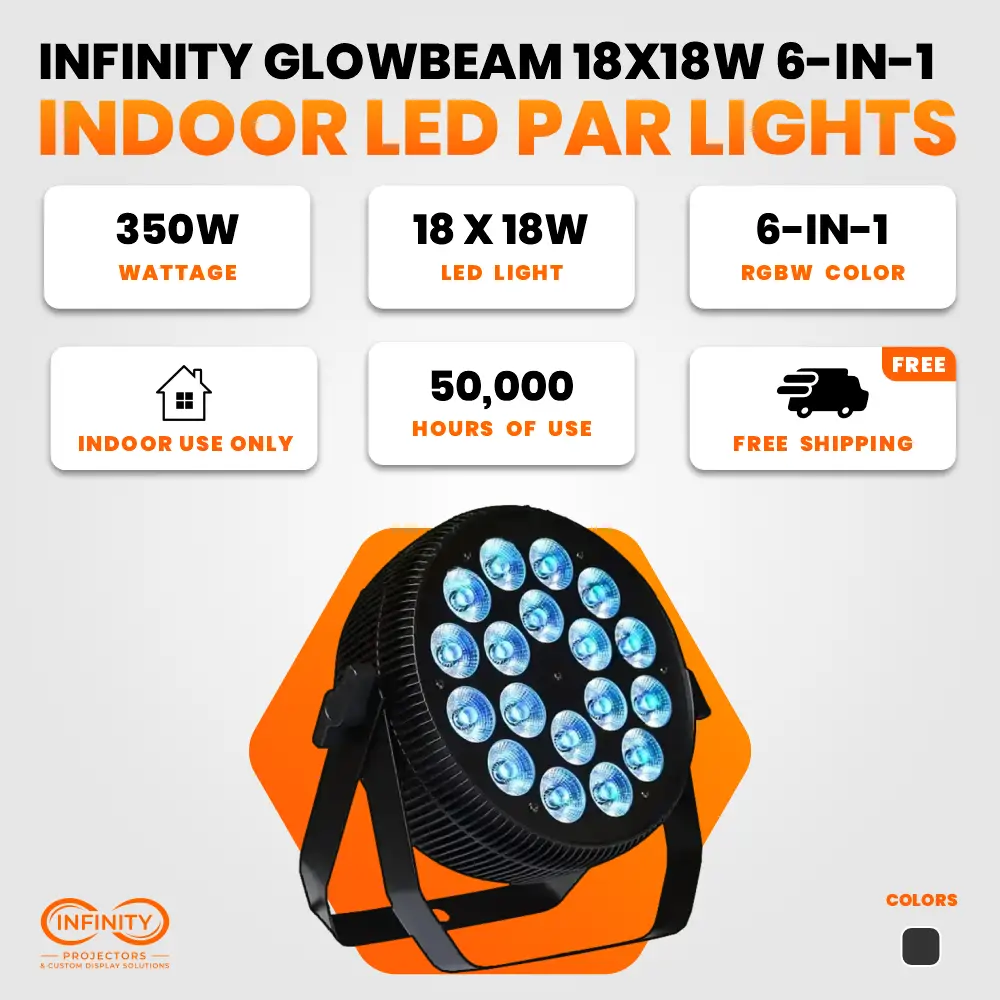 Spec card for the 18x18W indoor LED par: 350W, 6-in-1 color, indoor use only, 50,000 hours, free shipping