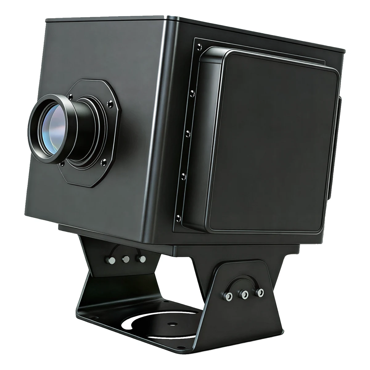 Front-left view of the 1500W outdoor logo projector showing its large zoom lens and steel yoke mount