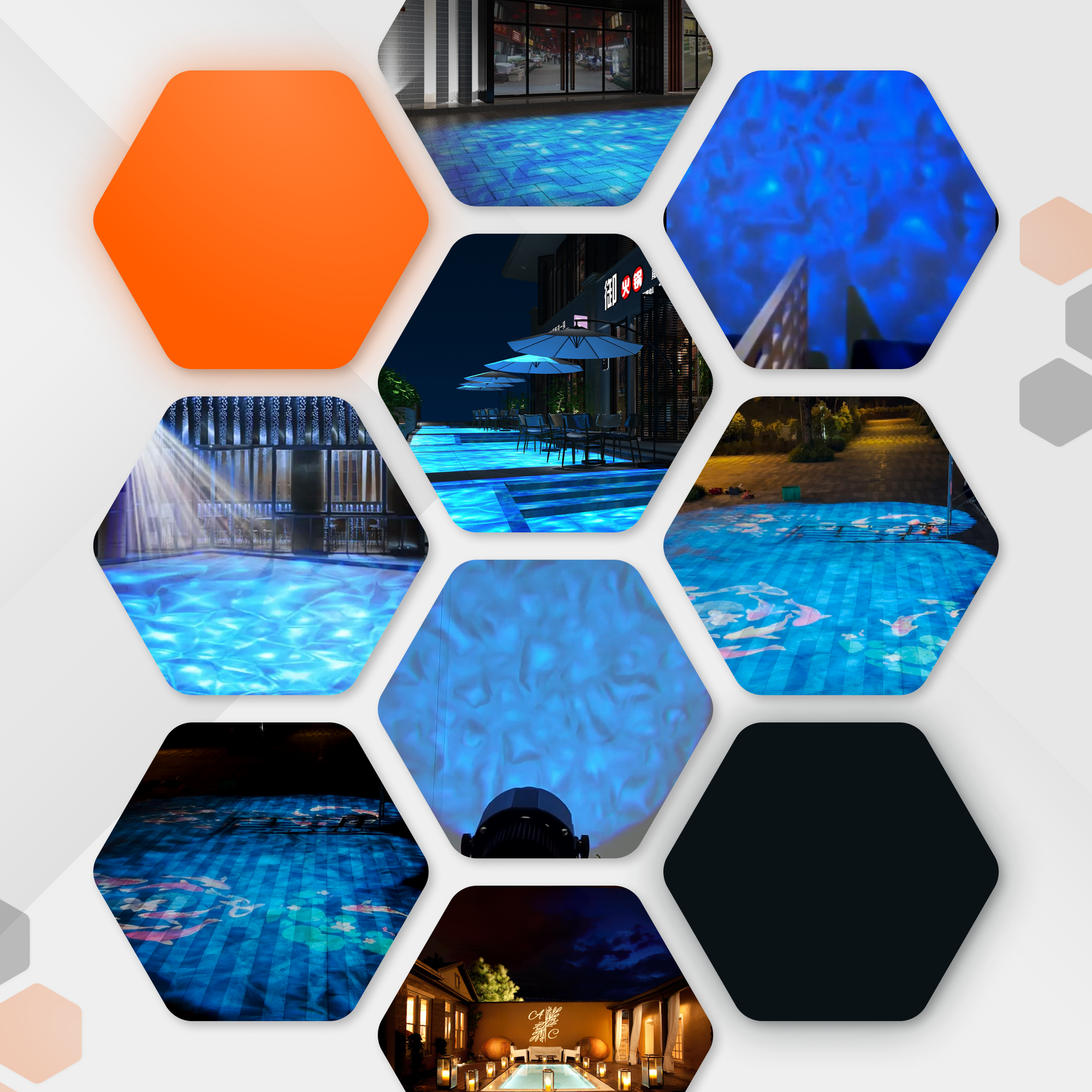 Hexagon collage of water ripple and koi projections on pool decks, patios and courtyards at night