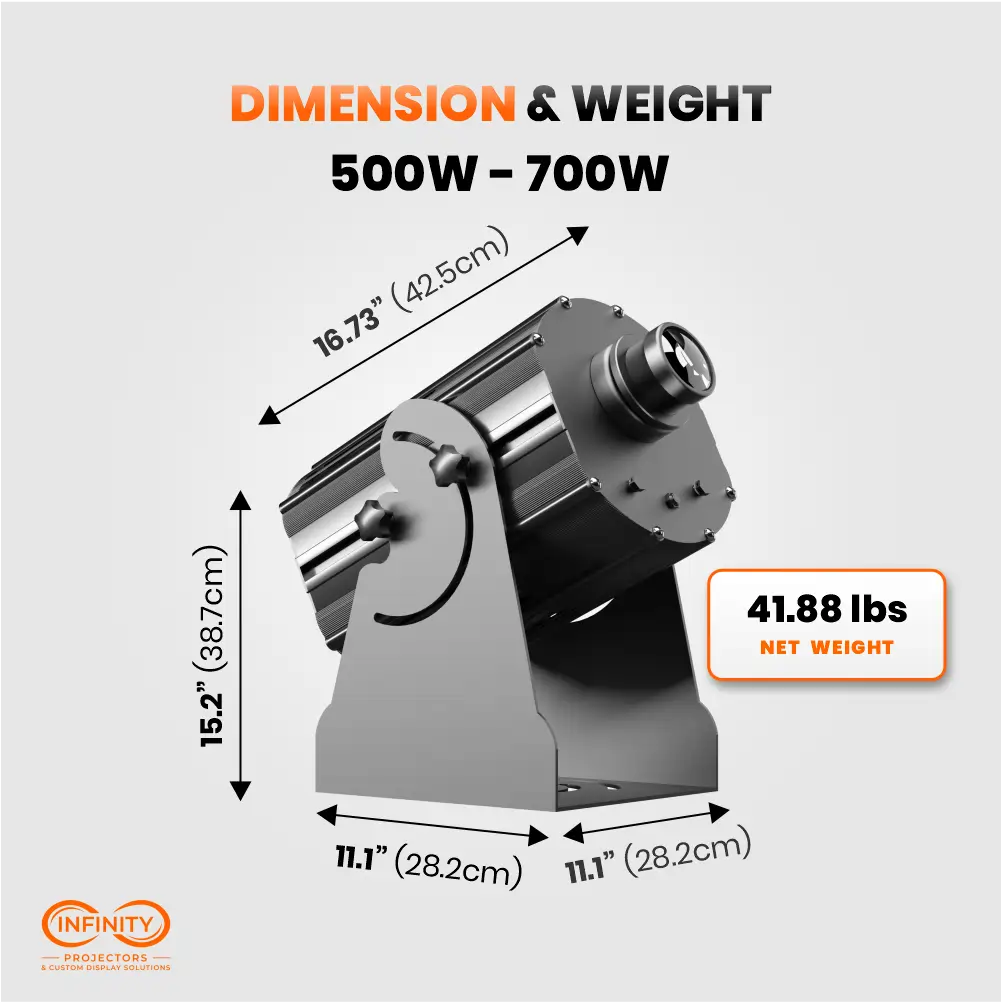 Dimension and weight diagram for the 500W-700W outdoor gobo projector, 16.73 in long, 41.88 lbs