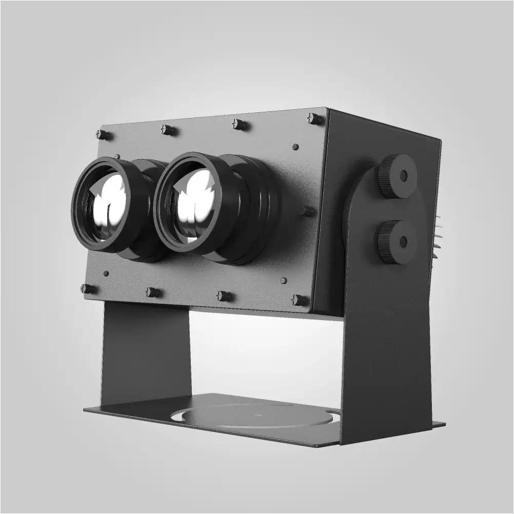 Left-facing view of the dual lens gobo projector showing twin zoom lenses and rear adjustment knobs