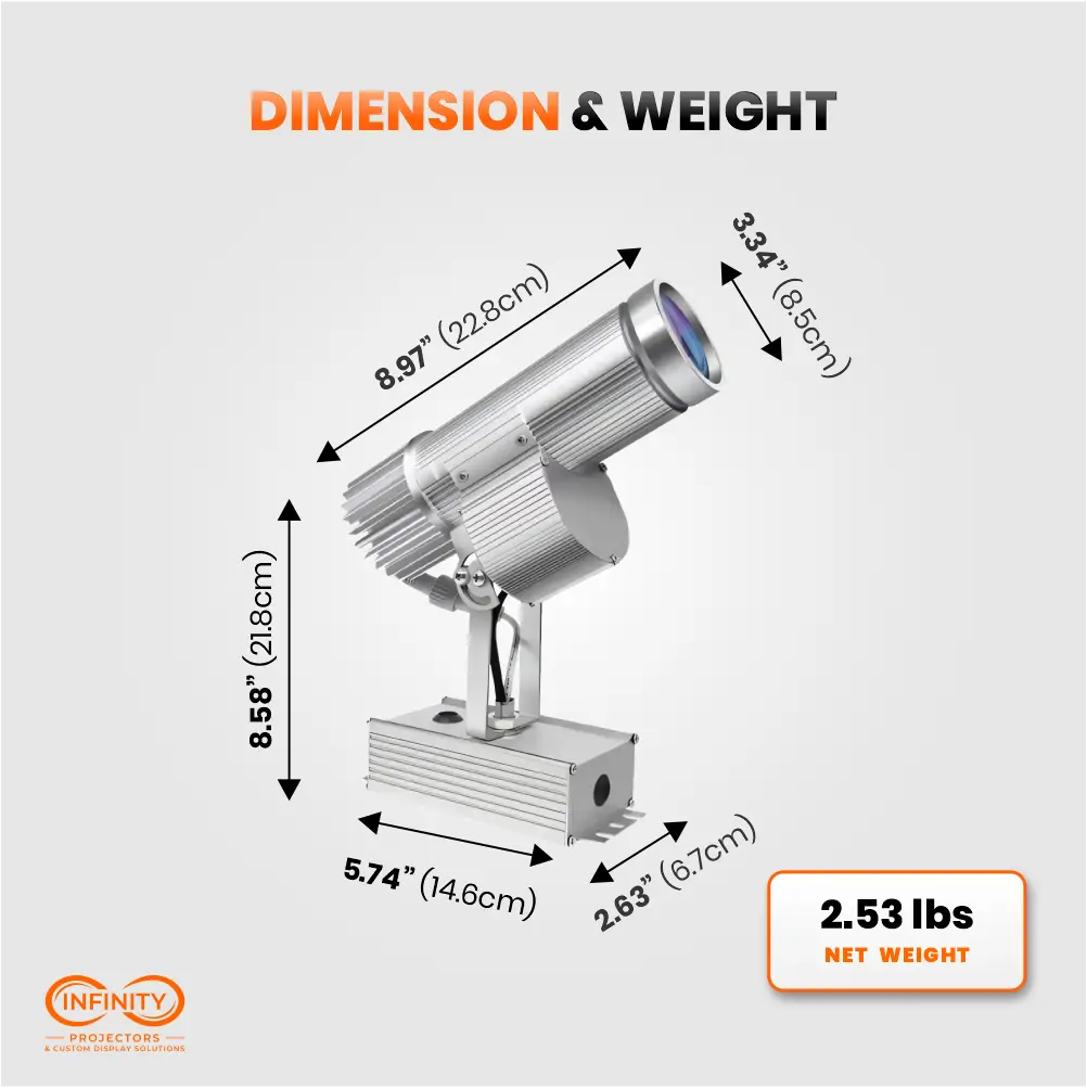 Dimension and weight diagram of indoor gobo projector: 8.97 by 8.58 inches, 2.53 lbs net weight