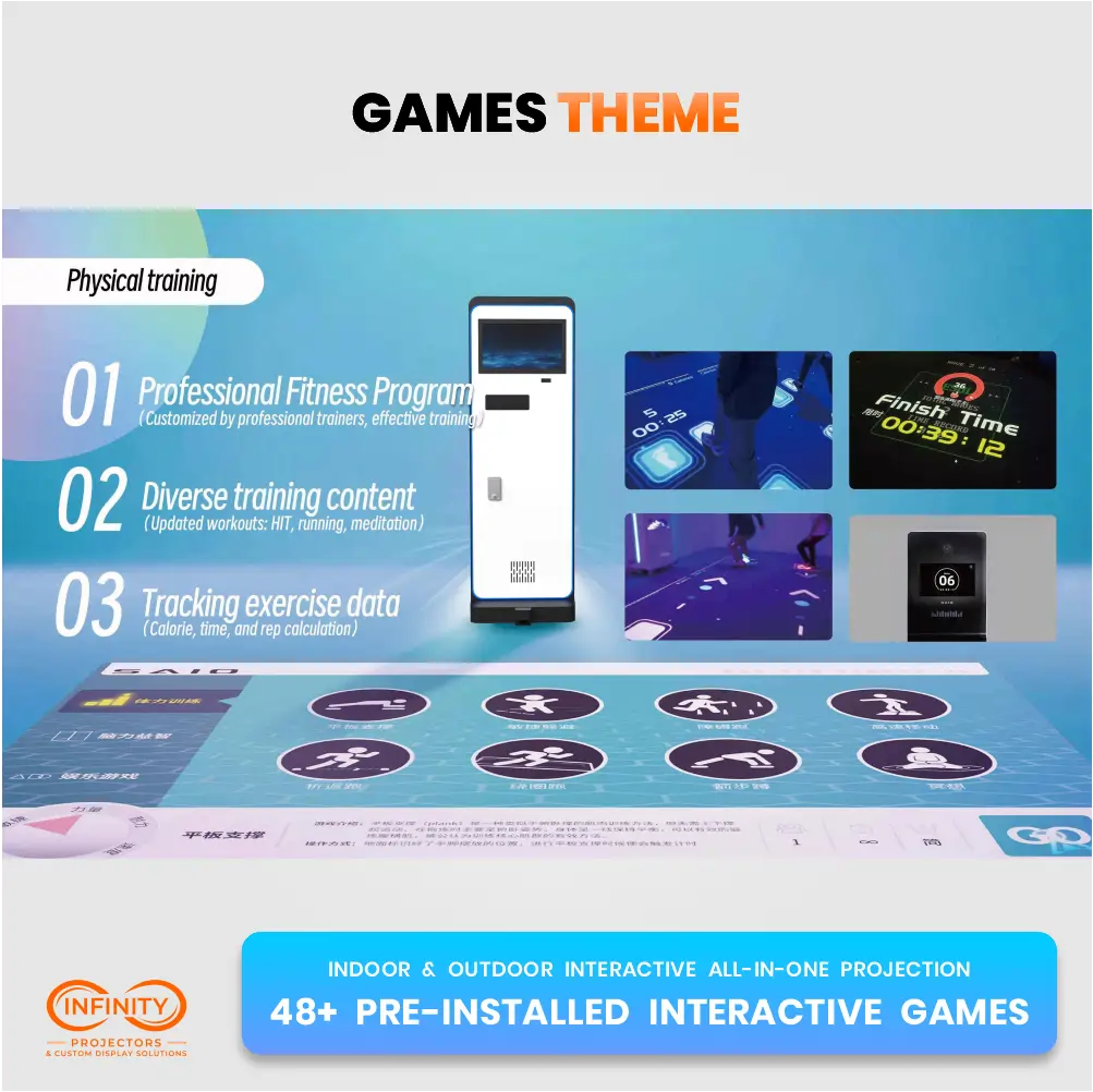 Physical training games theme slide for the interactive floor projector with fitness game screenshots