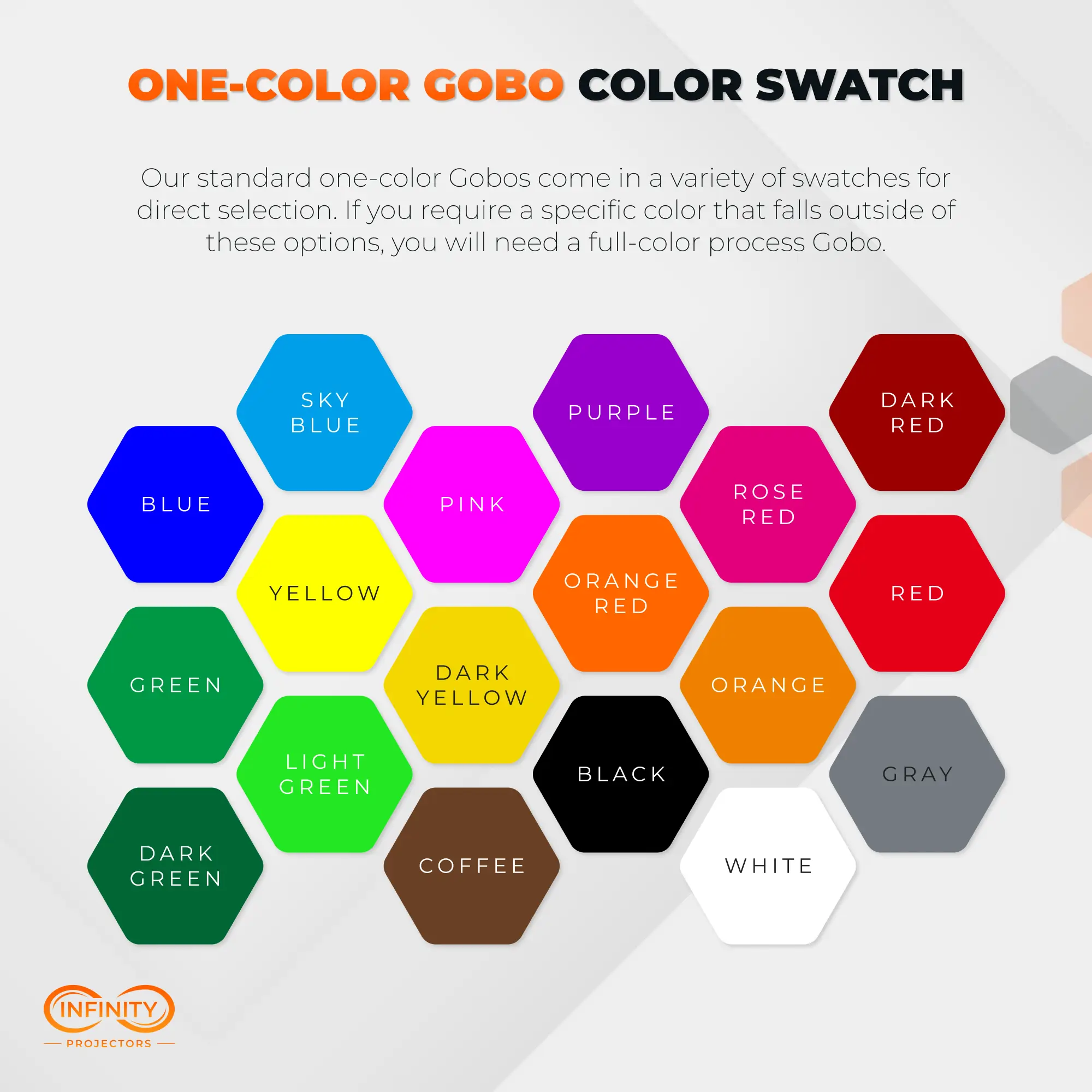 One-color gobo color swatch chart with 18 standard colors in hexagon tiles