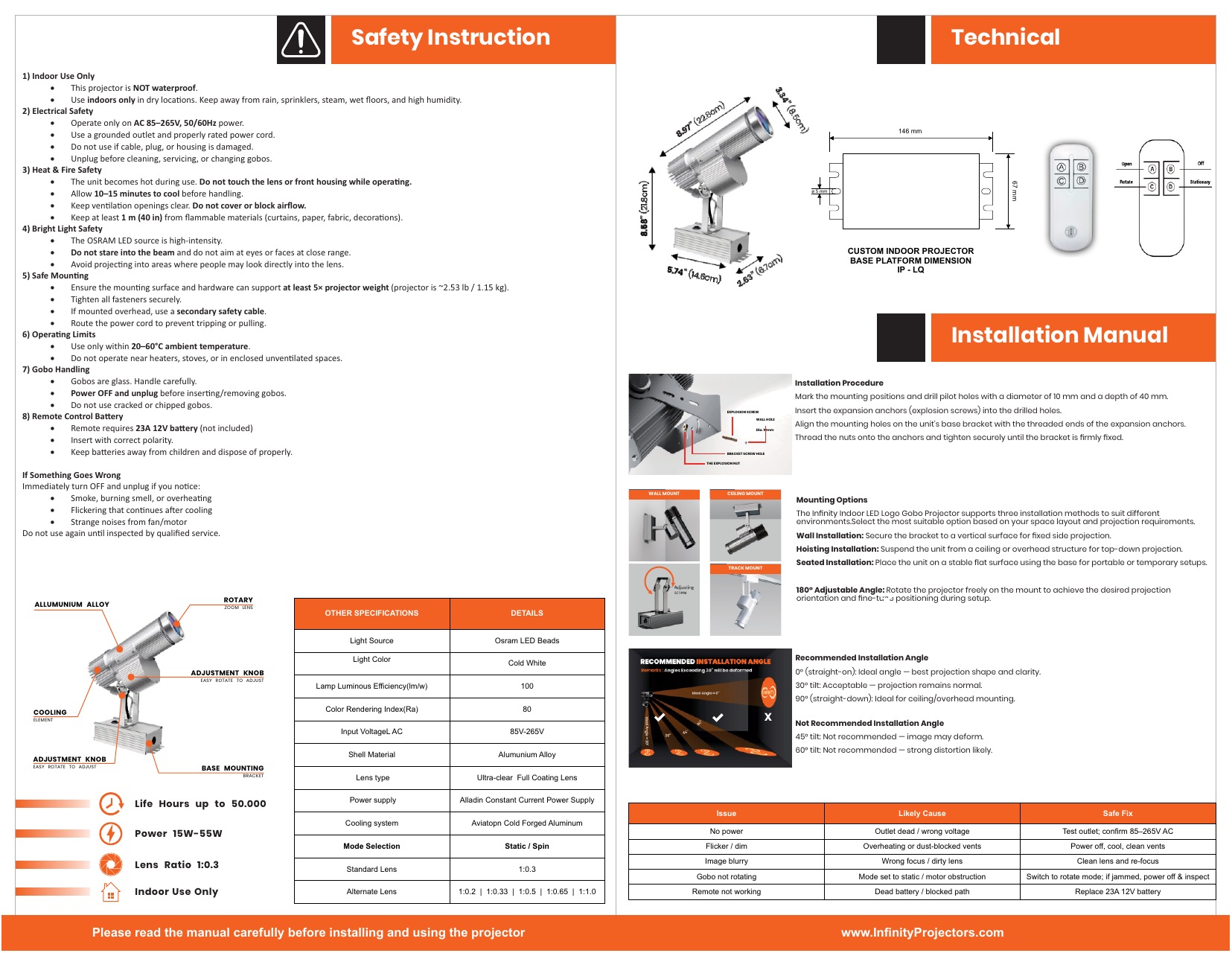 Instruction sheet for indoor gobo projector with safety notes, technical specs and installation manual