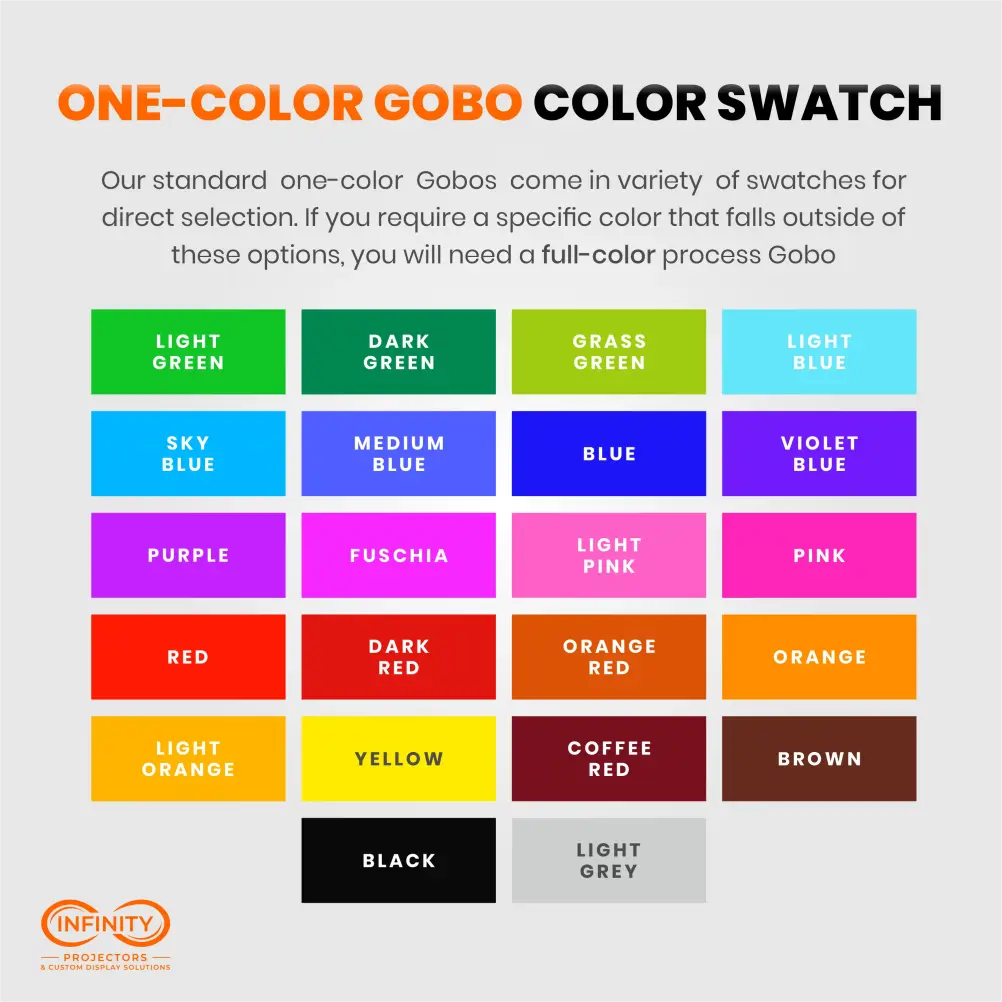 Standard one-color gobo color swatch chart with 22 selectable colors for custom gobos