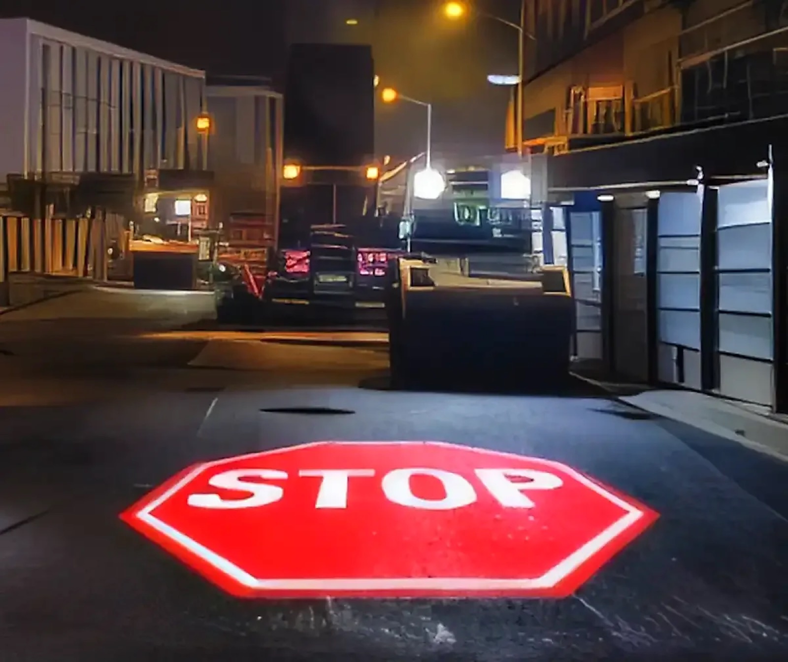 Real Stop Octagon Industrial Yard Projection logo gobo projection — real Business & Branding install | Infinity Projectors