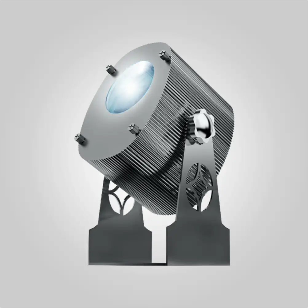 Starry Sky LED projector tilted upward on stand, ribbed metal body and glowing blue lens