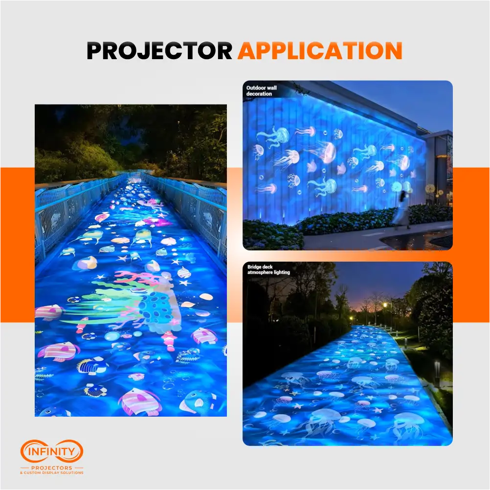 Outdoor projections of glowing jellyfish and sea life on a bridge walkway, wall and garden path at night