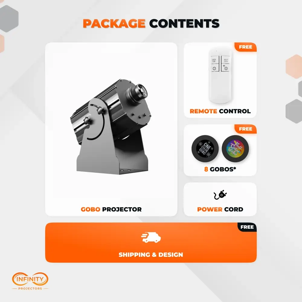 Package contents for the 8-gobo projector: unit, remote control, 8 free gobos, power cord, free shipping and design