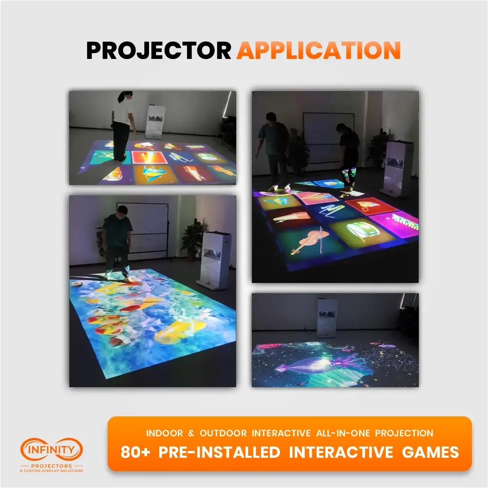Photo grid of people playing projected floor games in a dark room with the interactive floor projector tower