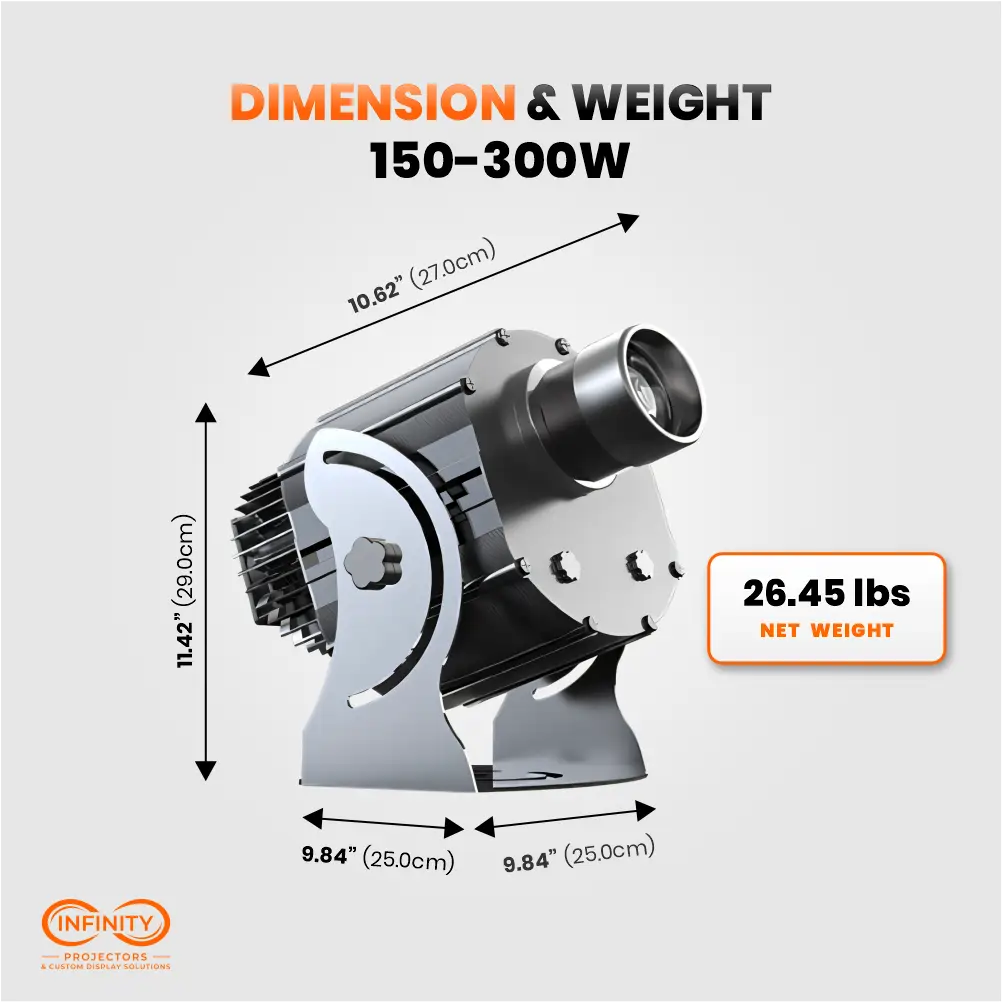 Dimension and weight diagram for the 150-300W six-gobo projector: 10.62 x 11.42 in, 26.45 lbs