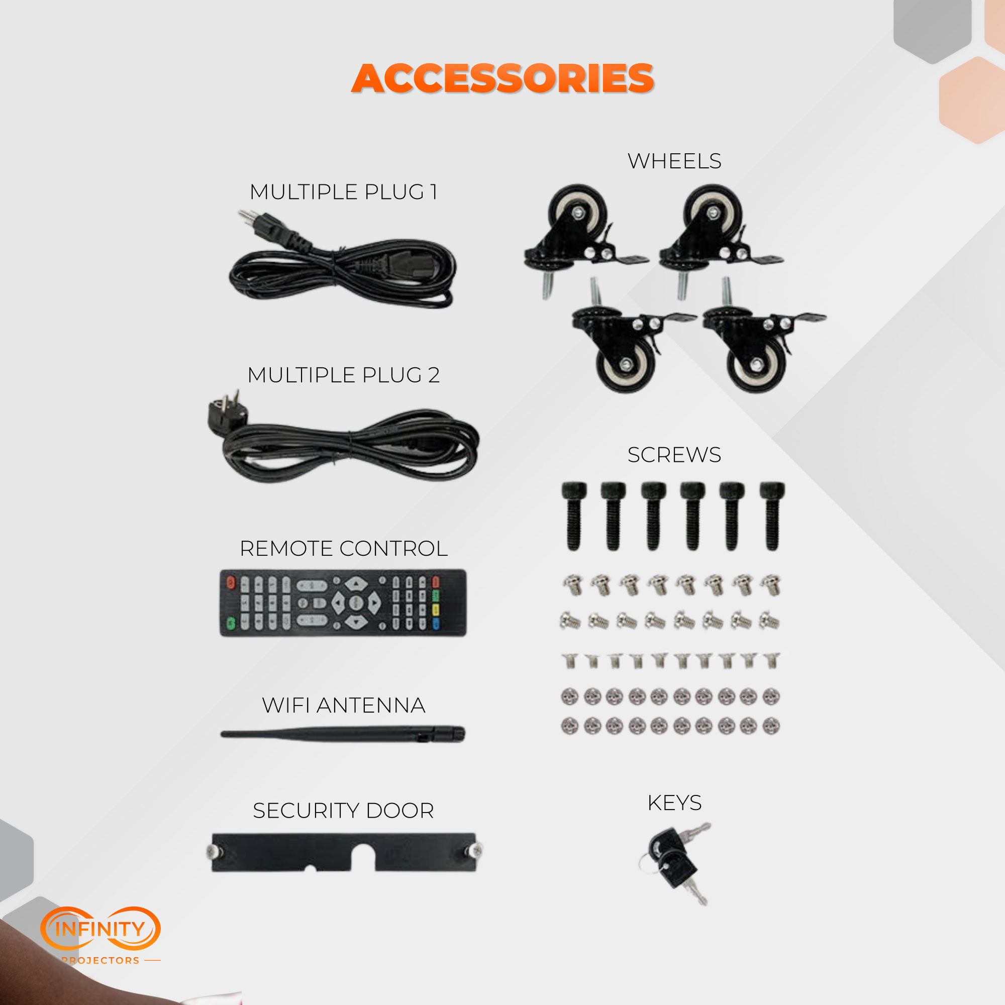 Included kiosk accessories: power cords, locking wheels, remote control, screws, WiFi antenna and keys