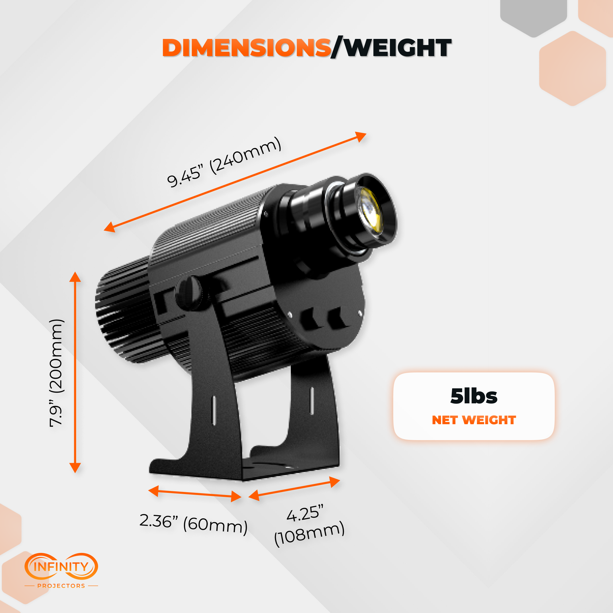 Dimensions and weight diagram of dynamic 3D gobo projector: 9.45 x 7.9 in, 5 lbs net