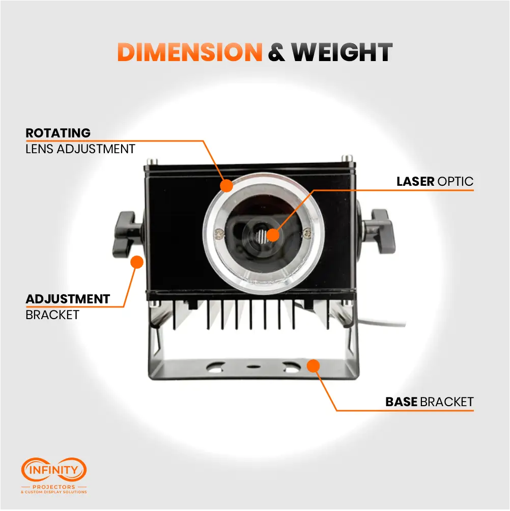 Labeled front view of the laser line projector showing rotating lens, laser optic and adjustment brackets