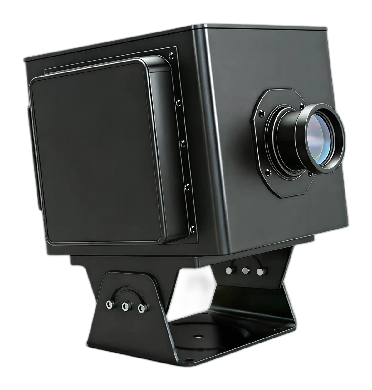 Front view of the 1500W outdoor logo projector on its steel yoke mount, large zoom lens facing right