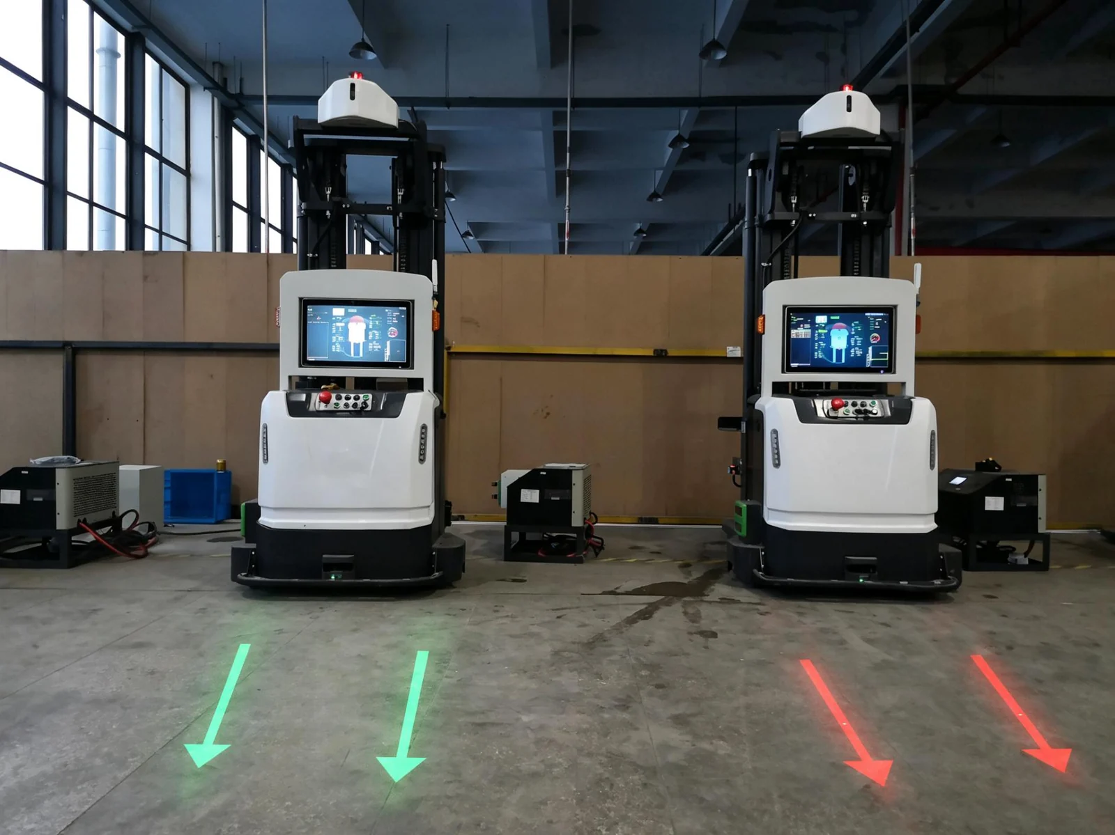 Two AGVs projecting green and red laser arrows on the warehouse floor ahead of them