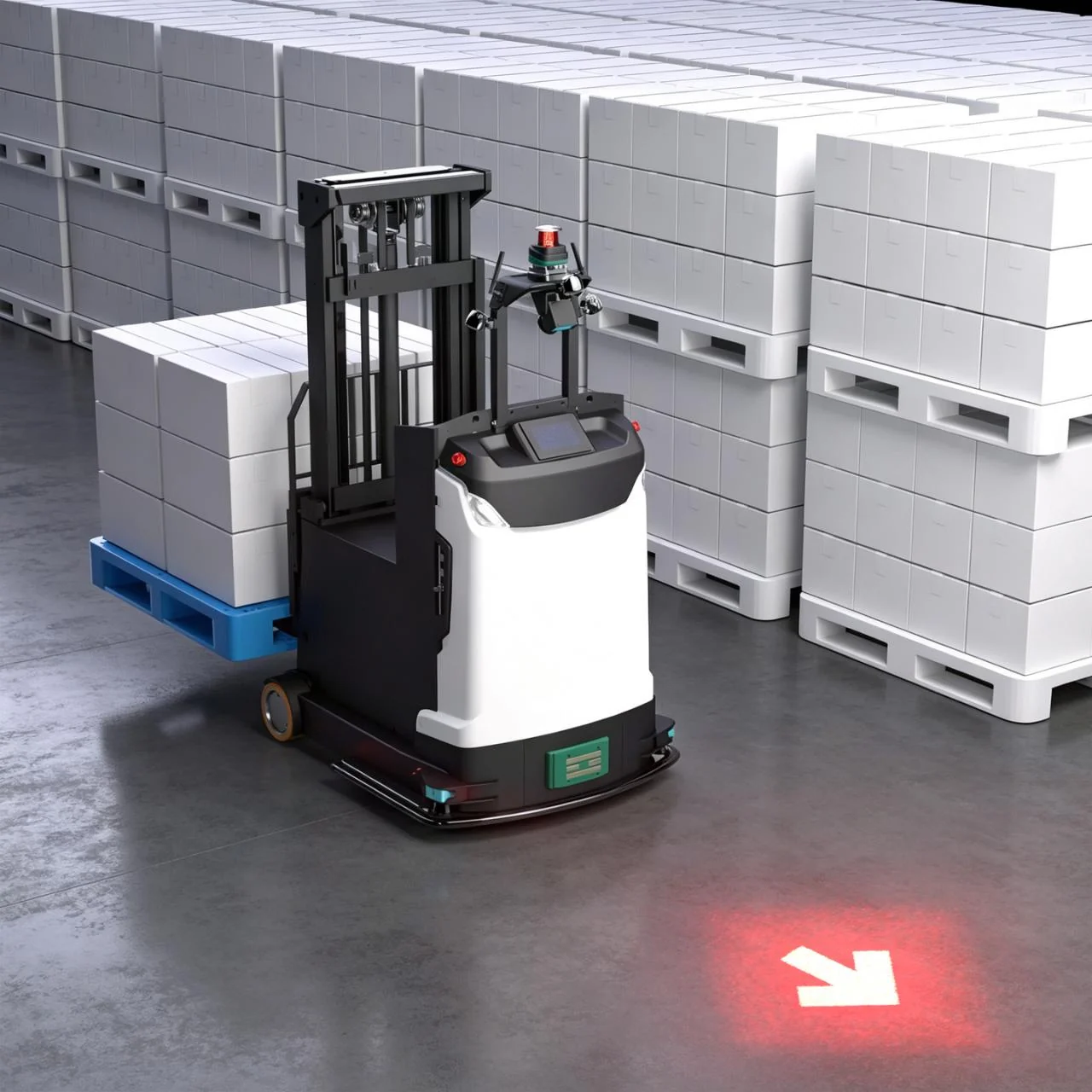 Autonomous forklift projecting a red block arrow on the floor ahead of it