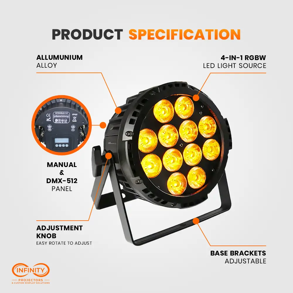 Feature diagram of the amber-lit 12x18W par can noting aluminum body, DMX-512 panel and base brackets