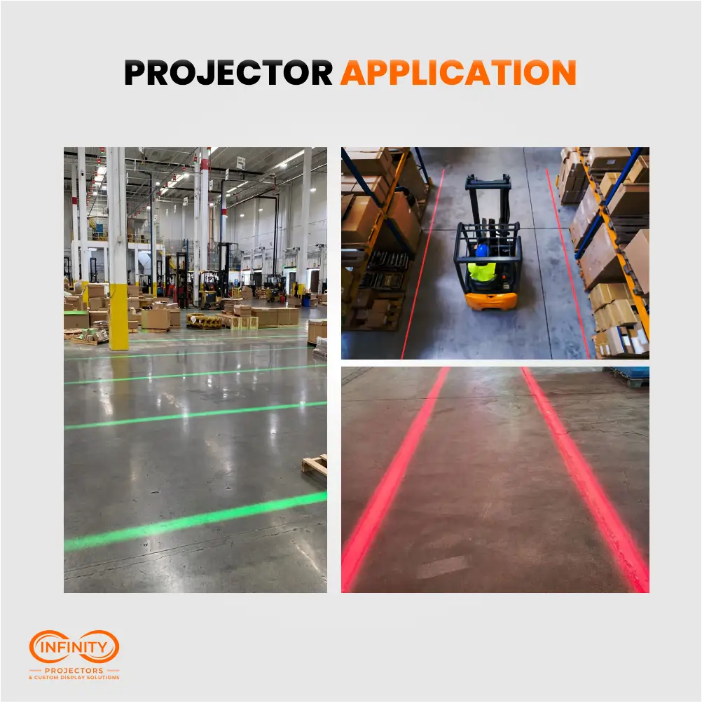 Green and red laser safety lines marking walkways and forklift lanes on warehouse floors