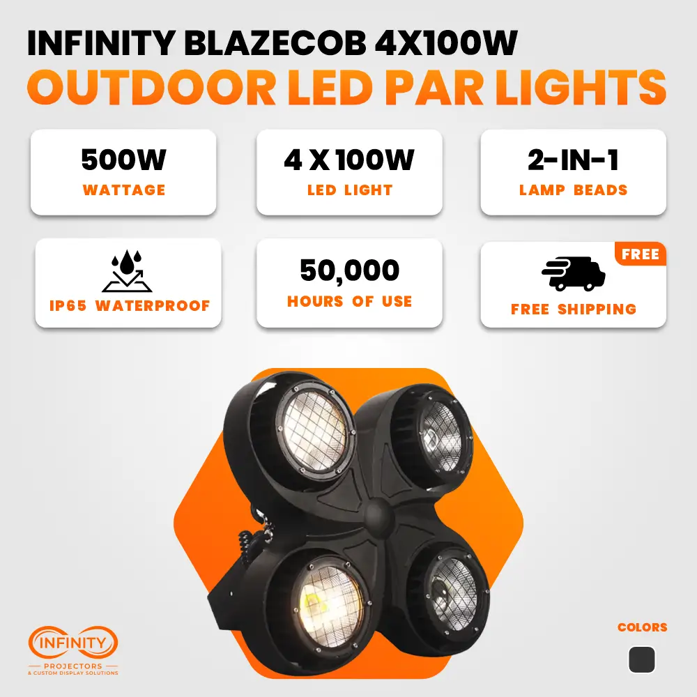 Feature card for the outdoor COB blinder: 500W, 4x100W lamp beads, IP65 waterproof, 50,000-hour life