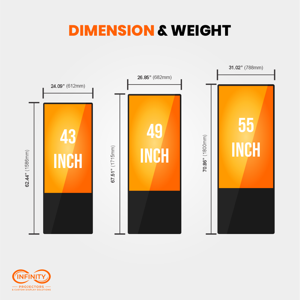 Size chart comparing 43, 49 and 55 inch portable digital signage displays with height and width dimensions