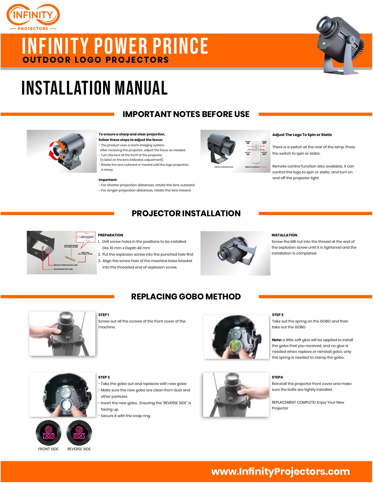 Installation manual page for outdoor logo projector covering focus, mounting and gobo replacement