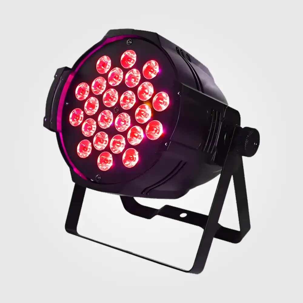 Side view of the 24-lens par can uplight with red LEDs lit and a pink lens-ring glow