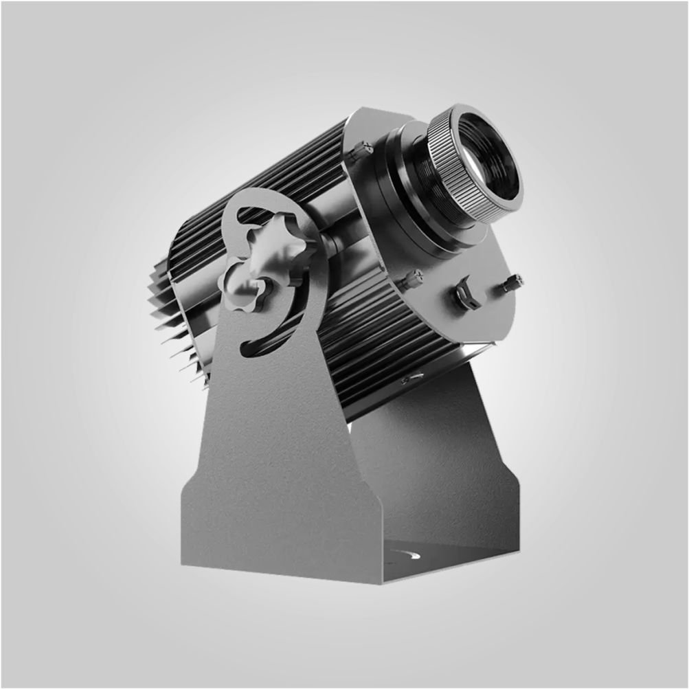 Silver rotating gobo projector on its adjustable mounting bracket, angled to show the zoom lens