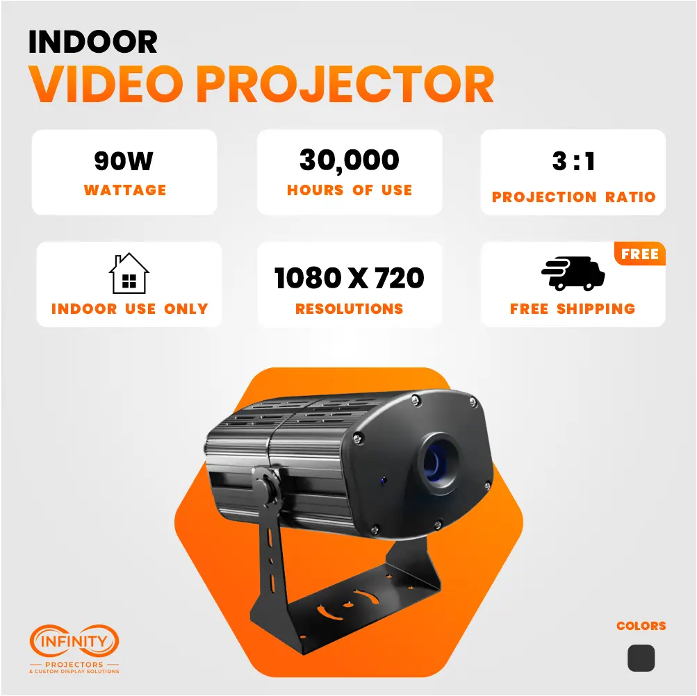 Indoor video projector spec graphic: 90W, 30,000 hours, 3:1 projection ratio, 1080x720 resolution