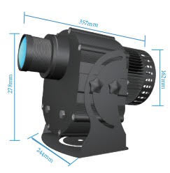 Low-resolution vendor dimension diagram of outdoor gobo projector labeled in millimeters