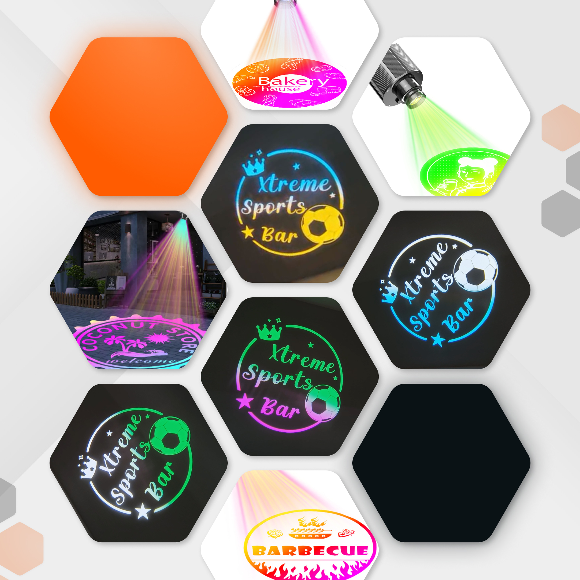 Collage of full-color gobo projections: sports bar, bakery and store welcome logos on floors and dark walls
