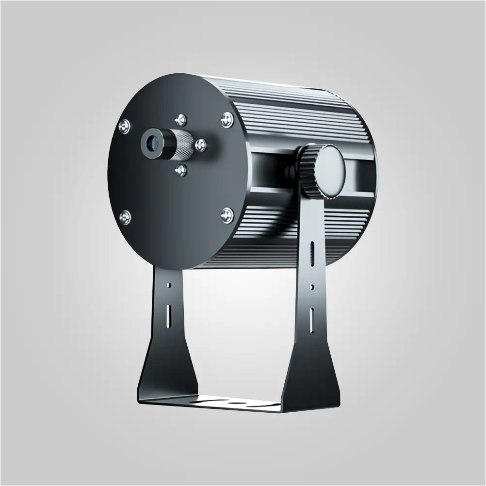 Front three-quarter view of the laser safety line projector showing lens, mounting bracket, and rear adjustment knob